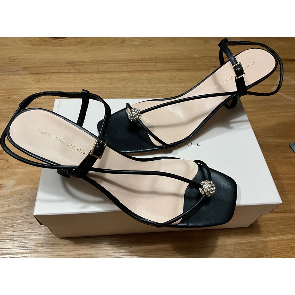 Loeffler Randall Black Leather Crystal Embellished Kitten Heel Sandals Size 10